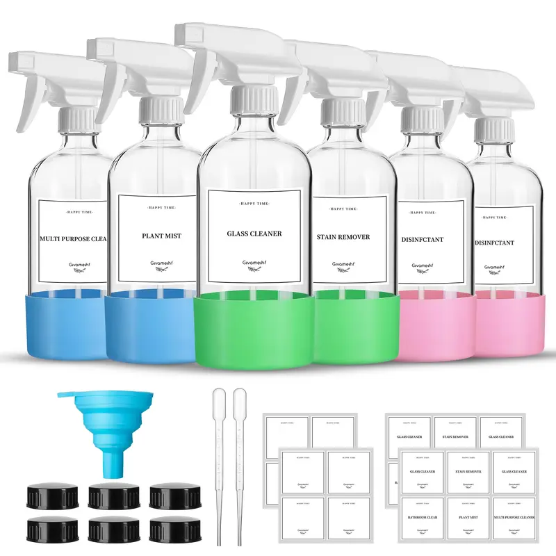 GIVAMEIHF Bouteilles Vaporisateur en Verre 16oz – Lot de 6, Buse Réglable et Accessoires Complets