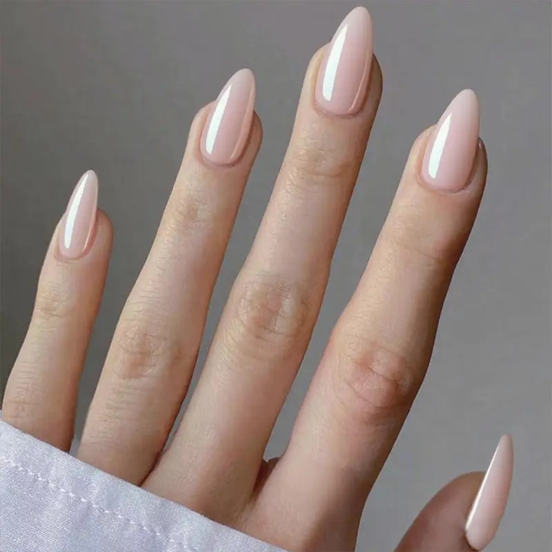 GLAMERMAID Ongles Press-On Medium Almond – Nude, Gel Colle, Finition Brillante, Réutilisables