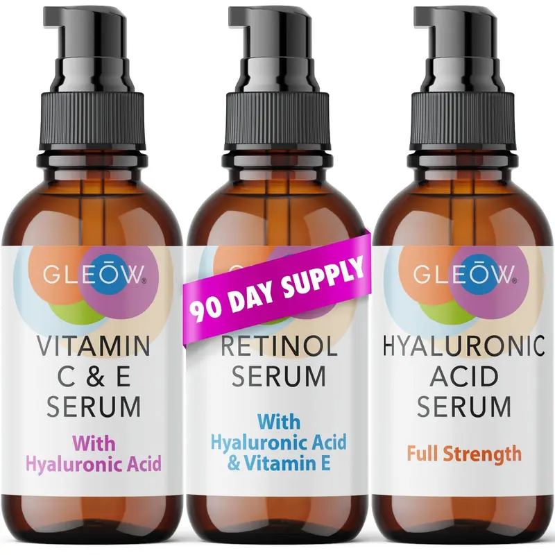 GLEOW Sérum Rétinol + Vitamine C avec Acide Hyaluronique – Ensemble Soin Visage Éclat Total