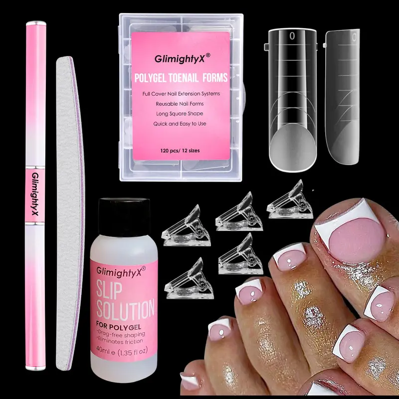 GlimightyX Kit Formes Polygel pour orteils – 120 formes réutilisables, 12 tailles, solution anti-sticking, pince et lime