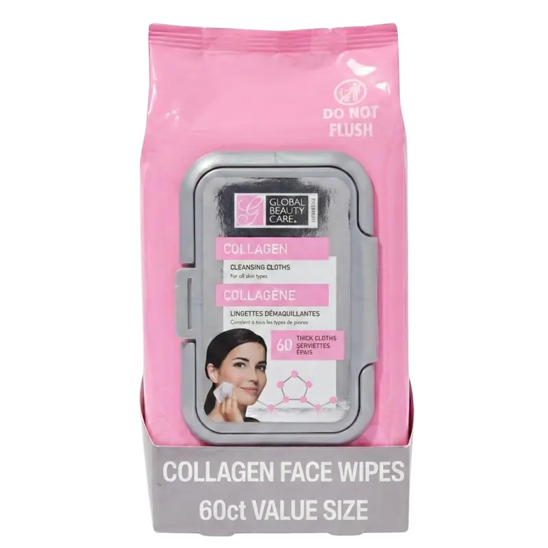 Global Beauty Care Lingettes Démaquillantes au Collagène – Douces, Hydratantes et Raffermissantes pour Peau Sensible, 60 Pièces