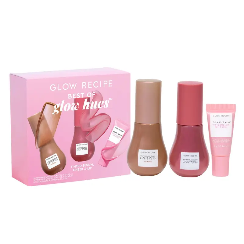 Glow Recipe Best of Glow Hues Kit – Hue Drops Sun Glow (taille voyage), Dewy Flush Berry (taile complète) et Glass Balm Watermelon Bingsoo (taille voyage) – coffret 3 pièces
