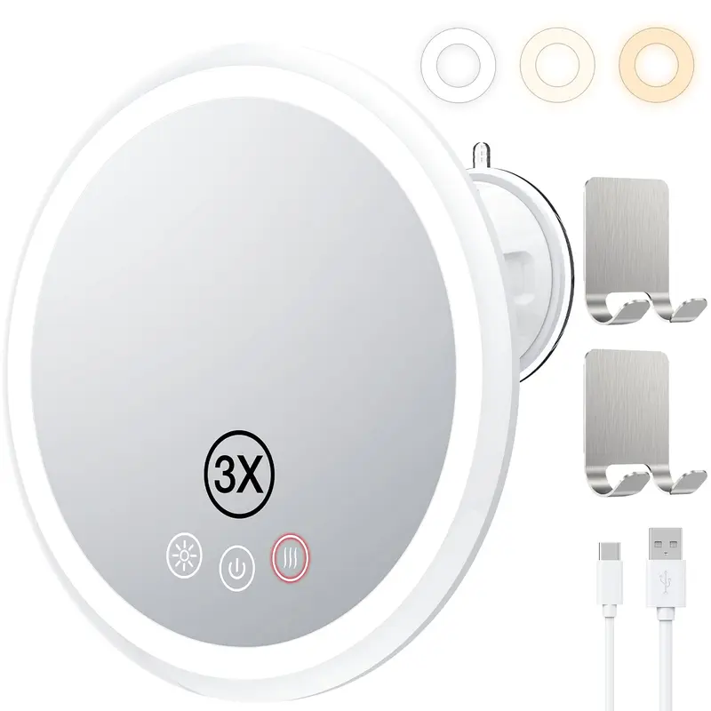 Glowtop Miroir Douche Anti-Buée 3x, Éclairage 3 Couleurs Sans Perçage