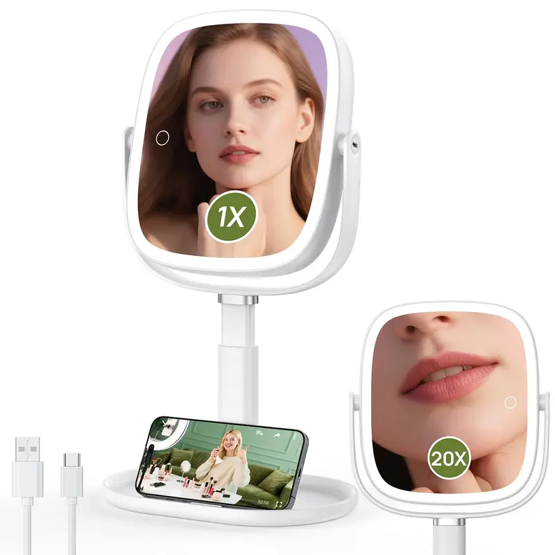 Glowtop Miroir Maquillage Lumineux à Hauteur Réglable – 1X/20X, Batterie 4000mAh, Support Téléphone