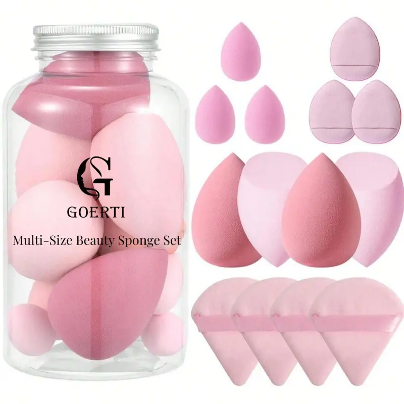 GOERTI Ensemble Éponges Beauté 14 Pièces – Multi-Tailles pour Fond de Teint et Poudre (Rose)