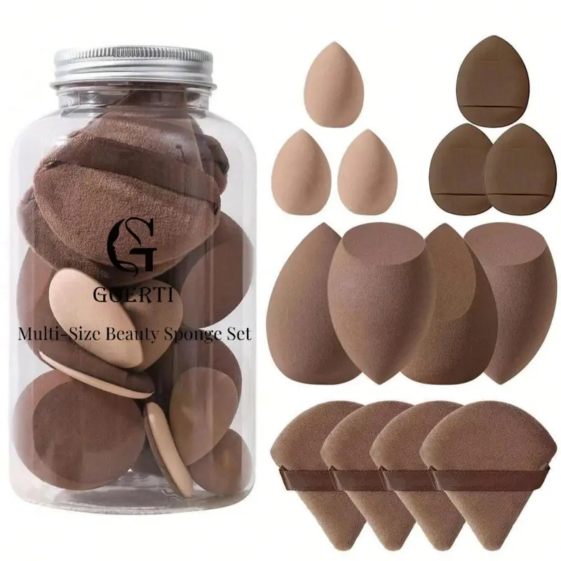 GOERTI Ensemble Éponges Beauty Blender 14 pièces – Multi-tailles pour fond de teint, liquides et poudre (Marron)