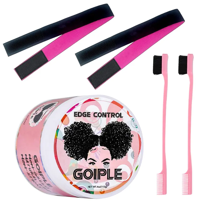 Goiple Edge Control Wax pour femmes — tenue durable, non gras, parfum fraise (4oz) + brosses et bandes roses