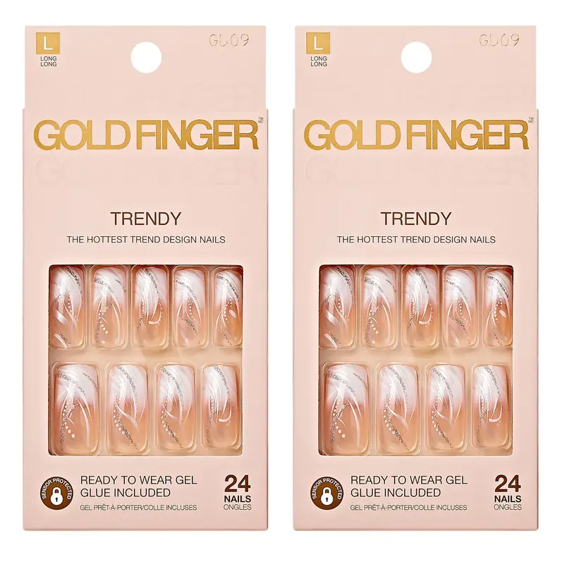 Goldfinger – Ongles Gel Glam Design, Faux Ongles à Recouvrement Total, Longs – Pack de 2