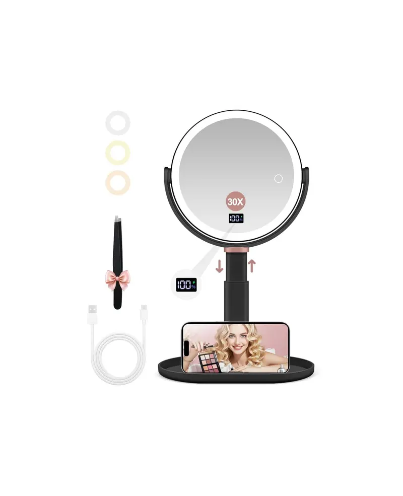 GOMIPURU Miroir Magnifiant avec Lumière 30x/1x – Écran Numérique, Contrôle Tactile, 3 Couleurs, Rotation 360°, Bureau et Voyage
