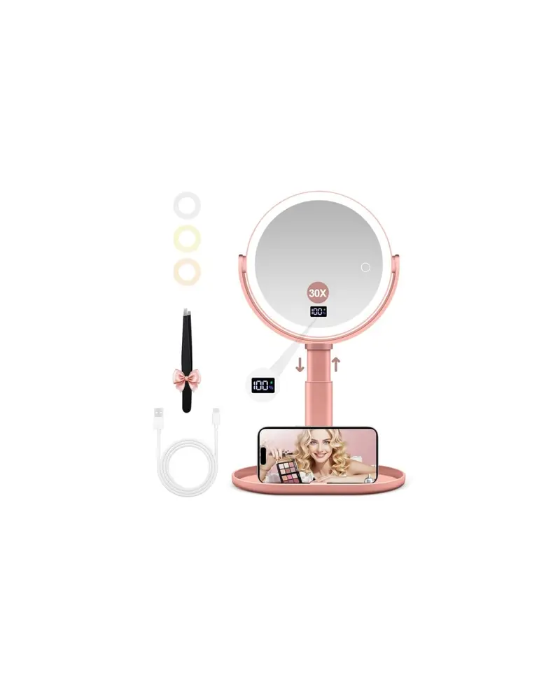 GOMIPURU Miroir Maquillage Éclairé 30x/1x – Affichage Numérique, 3 Couleurs, Rotation 360°, Hauteur Réglable