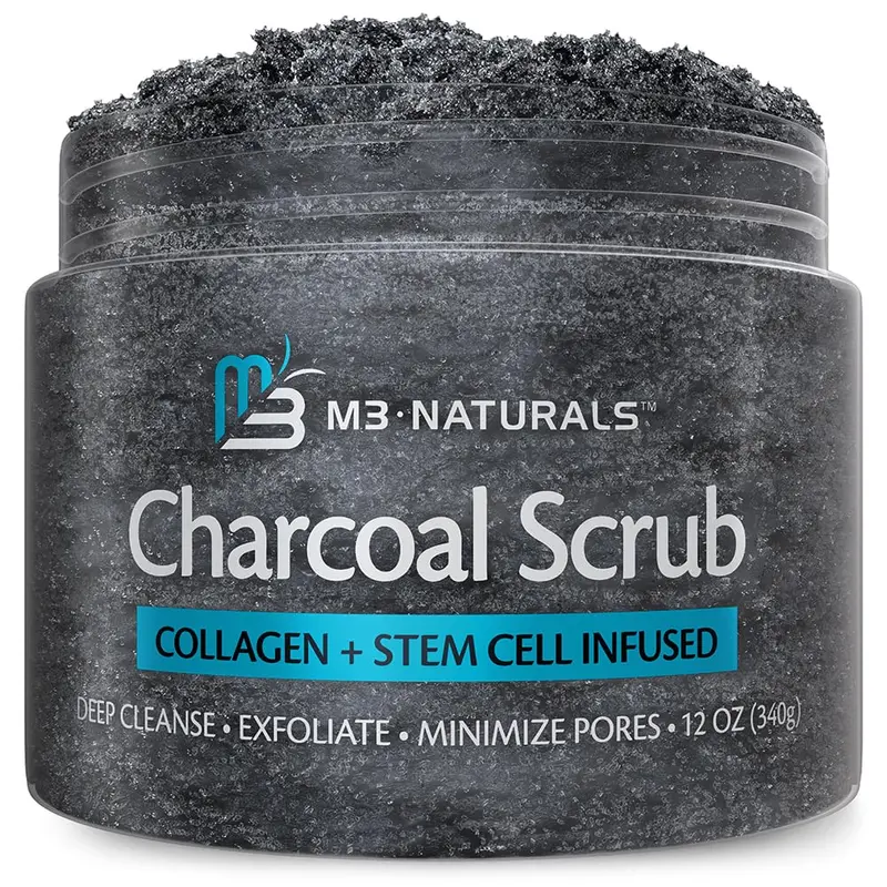 Gommage charbon activé M3 Naturals – Collagène et cellules souches | Gommage corps, visage et pieds