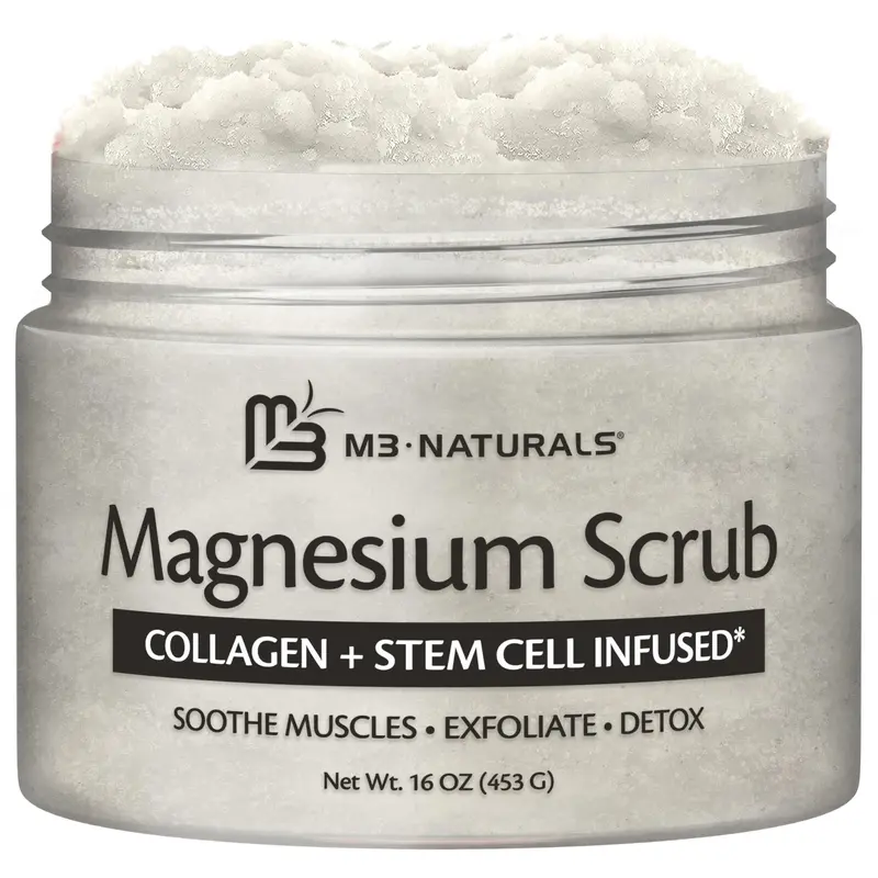 Gommage corps magnésium M3 Naturals – Exfoliation, détente et hydratation | Sel de mer Morte, collagène, cellules souches, beurre de karité, 16 oz