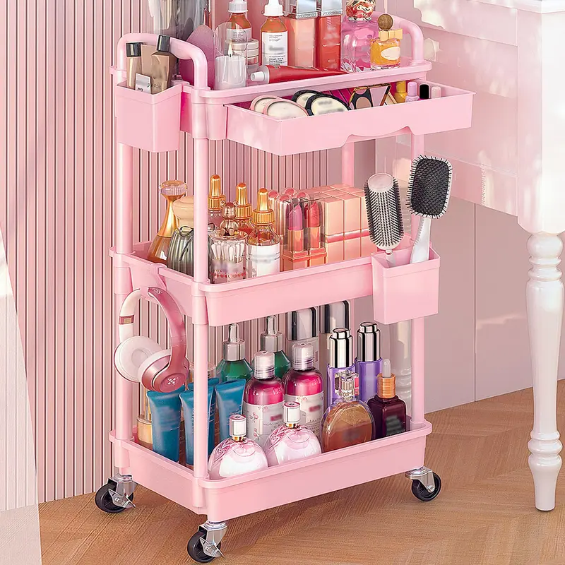 Goovilla Chariot Organisateur Maquillage Roulant 3 Niveaux Rose – Tiroir Amovible