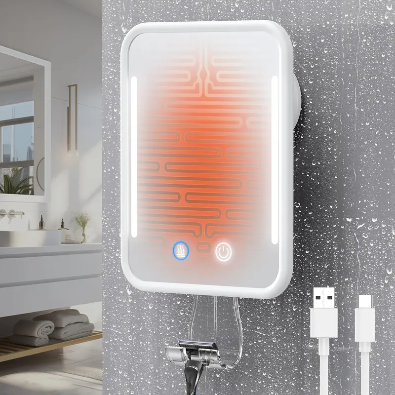 Gospire Miroir Chauffant de Douche Anti-Buée – LED, 5000 mAh, Sans Percage, Porte-Rasoir – Blanc