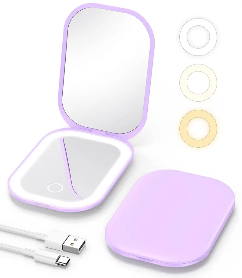Gospire Miroir Compact Éclairé 1X/3X – Trois couleurs et intensité réglable – Rechargeable – Violet