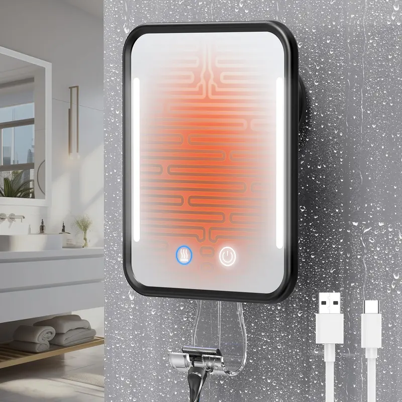 Gospire Miroir de Douche Chauffant Anti-Buée avec LED – Sans Perçage, Batterie 5000mAh