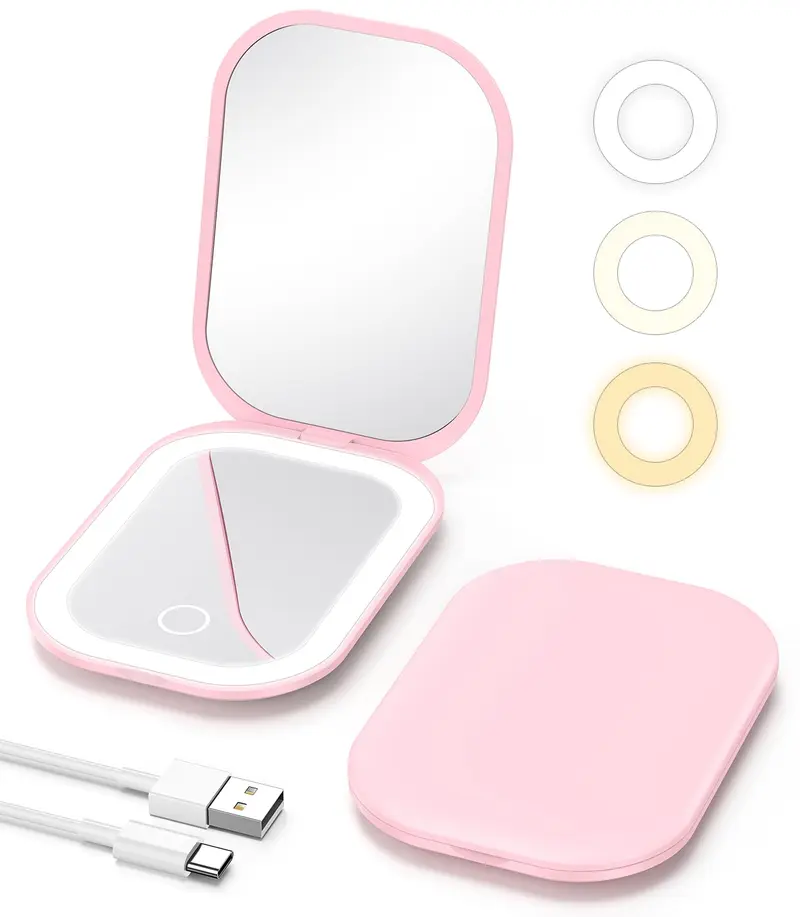 Gospire Miroir de Voyage Lumineux 1x/3x – Trois Couleurs, Réglage Progressif, Rechargeable – Rose