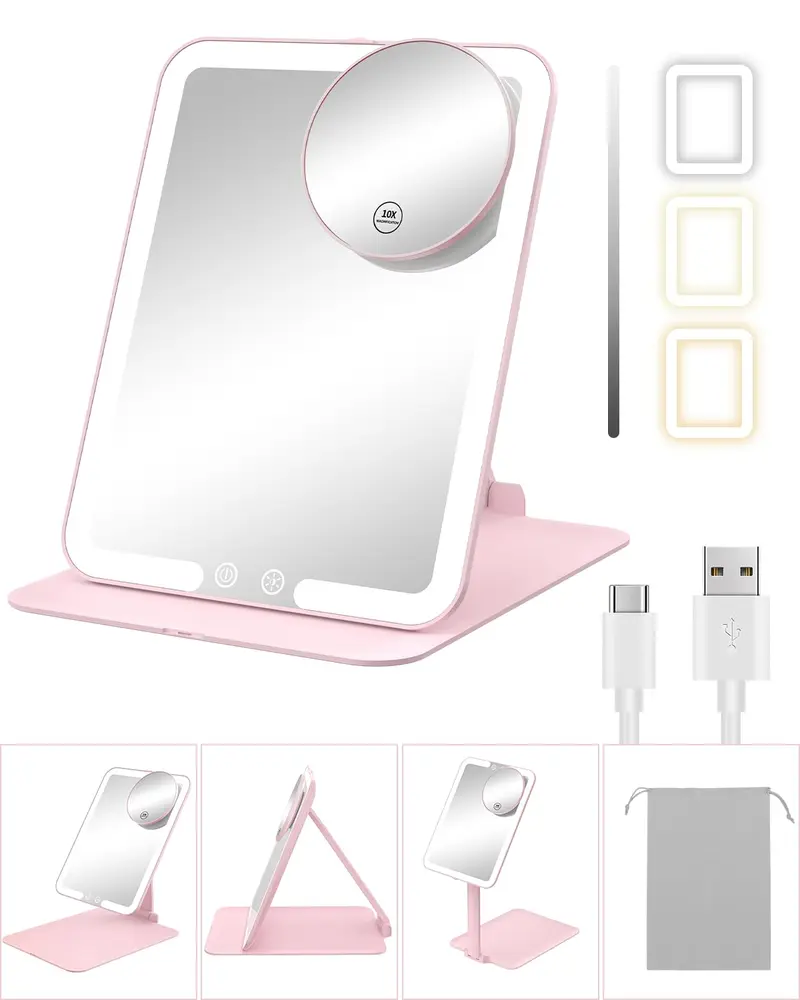 Gospire Miroir Maquillage de Voyage avec Lumières et Grossissement 10x – Portable, Réglable et Rechargeable