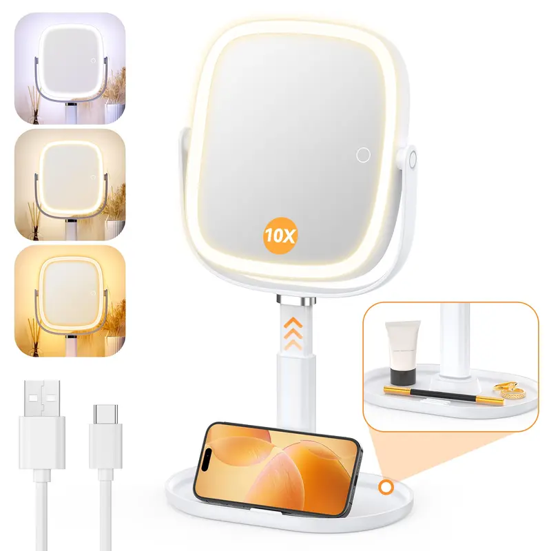 Gospire Miroir Maquillage Lumineux 1X/10X – 3 Couleurs, Mémoire, Batterie 4000mAh, Hauteur Réglable