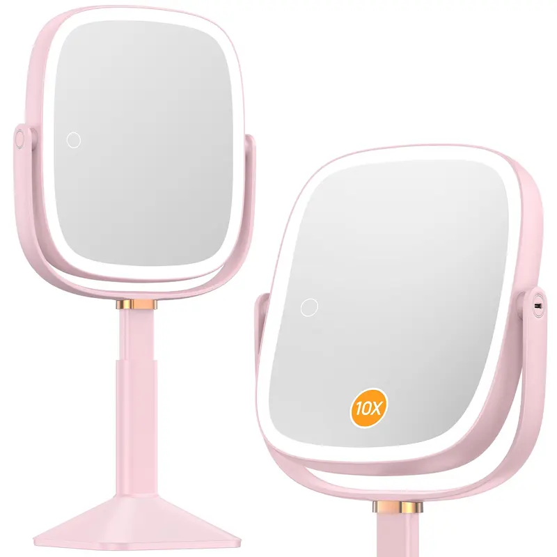 Gospire Miroir Maquillage Rectangle Éclairé – 3 Couleurs, Hauteur Ajustable, 1X/10X, Batterie 4000 mAh, Rose