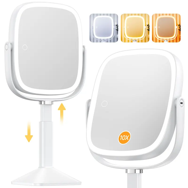 Gospire Miroir Maquillage Rectangulaire Éclairé 10x – Hauteur Réglable, Batterie 4000mAh, 3 Températures de Lumière