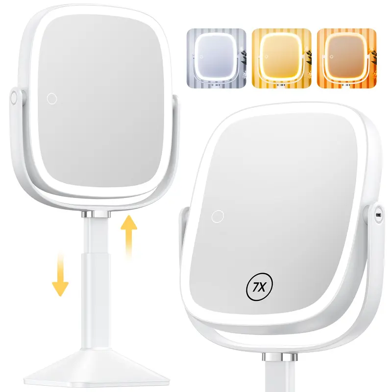 Gospire Miroir Maquillage Rectangulaire Lumineux – 1x/7x, Hauteur Réglable, Batterie Rechargeable 4000 mAh, Surface 8,5 × 7,4 pouces, Luminosité Continue – Blanc