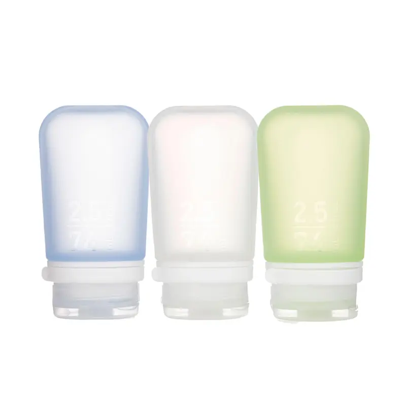 GoToob+ Ensemble de 3 (Taille moyenne) | Bouteilles de voyage en silicone réutilisables, bouchon verrouillable LoopLock, 74 ml - Transparent / Vert / Bleu