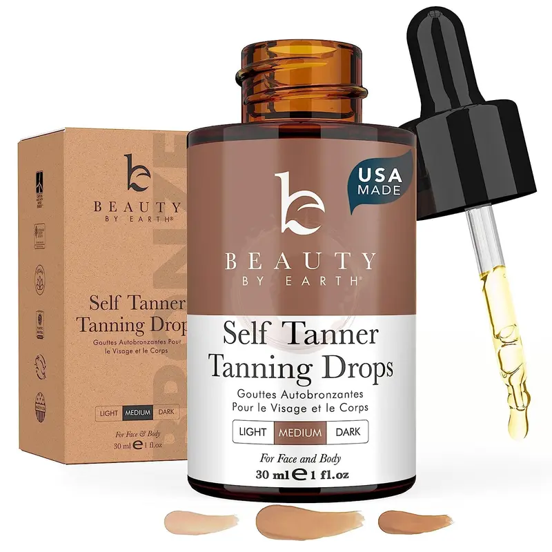 Gouttes autobronzantes Beauty by Earth – Fabriqué aux États‑Unis, ingrédients naturels et biologiques, teint moyen pour visage et corps