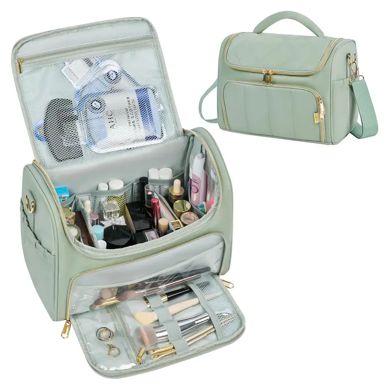 GR69N Grand Sac Toilettage Voyage – Trousse Maquillage Étanche, Poignée et Compartiments, Vert