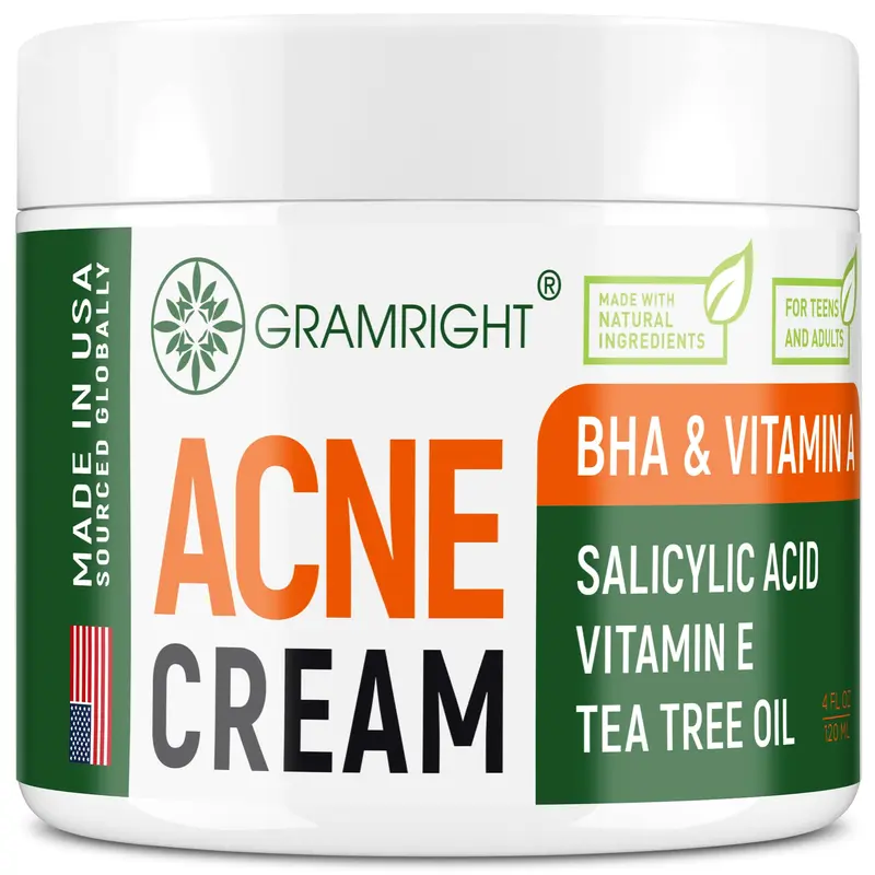 GRAMRIGHT Crème Acné – Soin ciblé visage et points d'acné – Tea Tree & Acide Salicylique – Naturel USA – Pour tous types de peau – 4 oz
