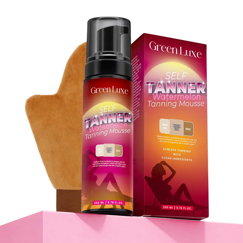 Green Luxe – Kit Mousse Auto-Bronzante avec Acide Hyaluronique – Teint Moyen Hydraté, Senteur Pastèque
