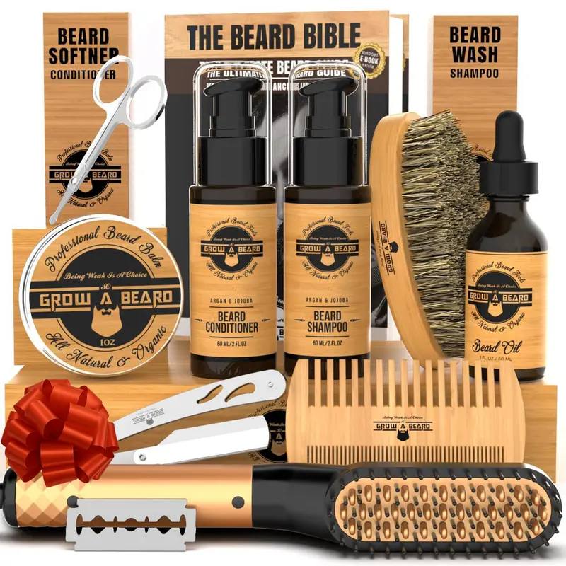 GROW ALPHA BEARD – Kit Grooming Barbe Complet avec Peigne Chauffant et Accessoires Premium, Idée Cadeau en Bambou