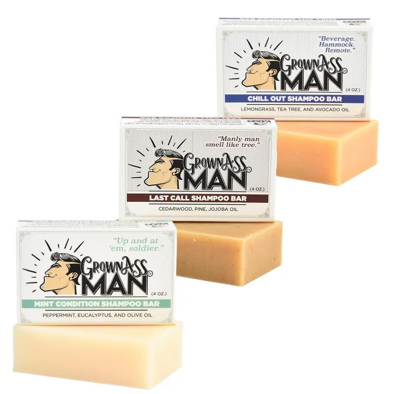 Grown Ass Man Co. Barre Shampoo Solide 3-en-1 – Cheveux, Barbe et Corps, Sans Plastique, Naturel (Lot Variété 3-pièces)
