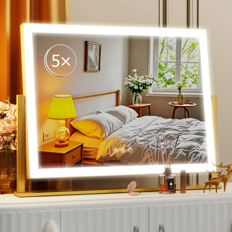 Gvnkvn Miroir de maquillage lumineux – 17,3 x 13 pouces, 3 modes d’éclairage, 5x magnification, contrôle tactile, rotation 360°, coffret cadeau