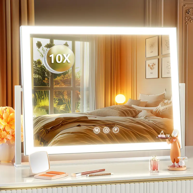 Gvnkvn Miroir Maquillage Lumineux – Vanity Hollywood 17,3 x 13 pouces, LED, 3 modes, 10x, Contrôle Tactile, Rotation 360°, Blanc (Boîte Cadeau)