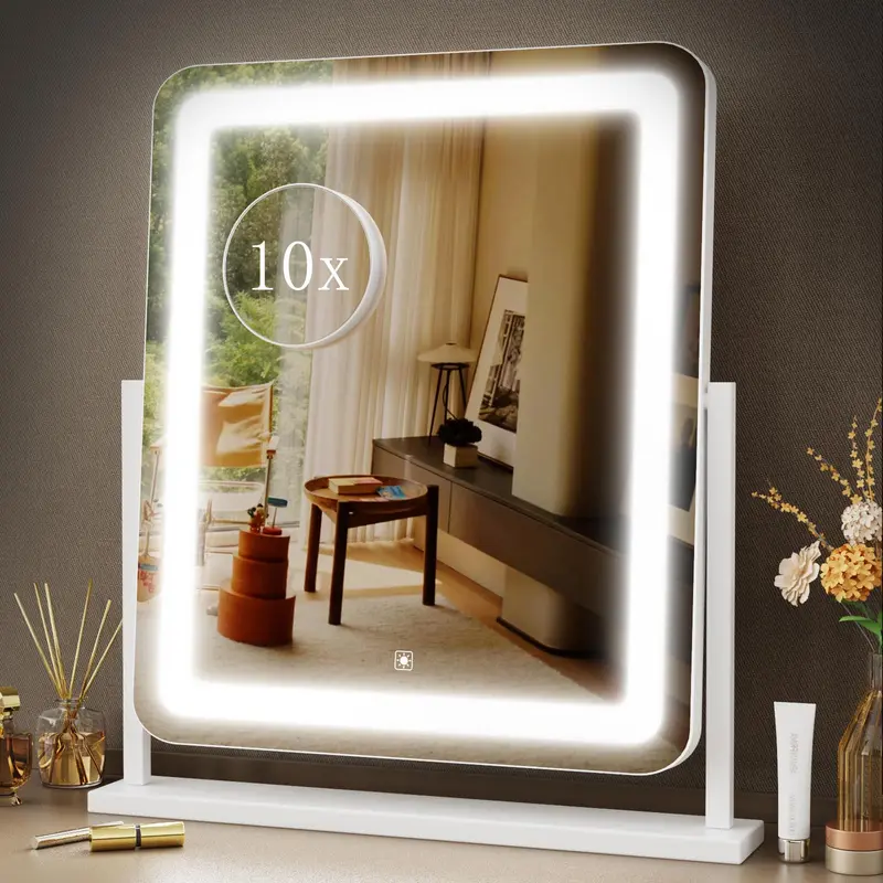 Gvnkvn Miroir Vanity lumineux 17,3 pouces – loupe 10x, 3 teintes, contrôle tactile, rotation 360°