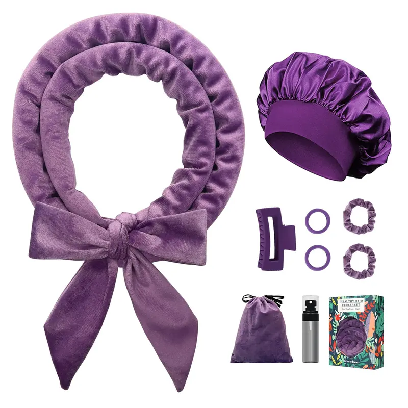 Gwabee Bande Boucles Sans Chaleur pour Dormir – Longueur 70 po, Ensemble 9 Tiges et Bonnet Violet