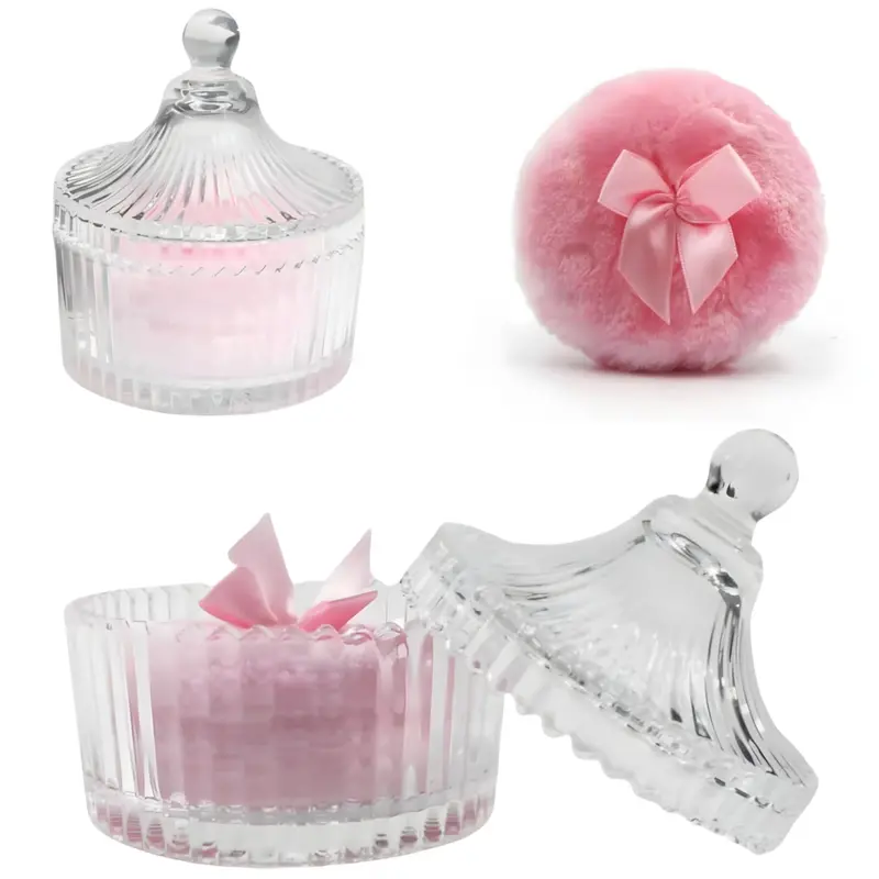 Habitable tree – Coffret 2 Poufs à poudre et Contenant Verre Cristal Rose | Cadeau Saint-Valentin