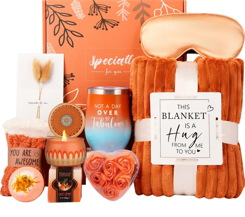 Haibeot – Coffret Bien-Être Automne/Hiver pour Elle | Plaid Flanelle, Gobelet Isotherme, Bougie Baies et Spa à Domicile