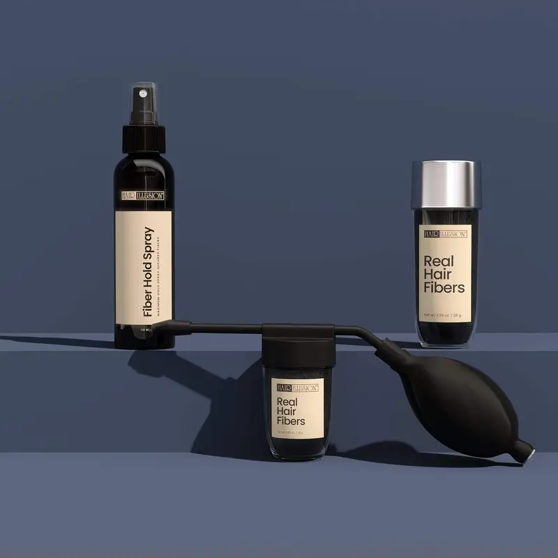 Hair Illusion Combo Kit – Fibres capillaires noires 38 g + Applicateur et Spray fixant – Noir