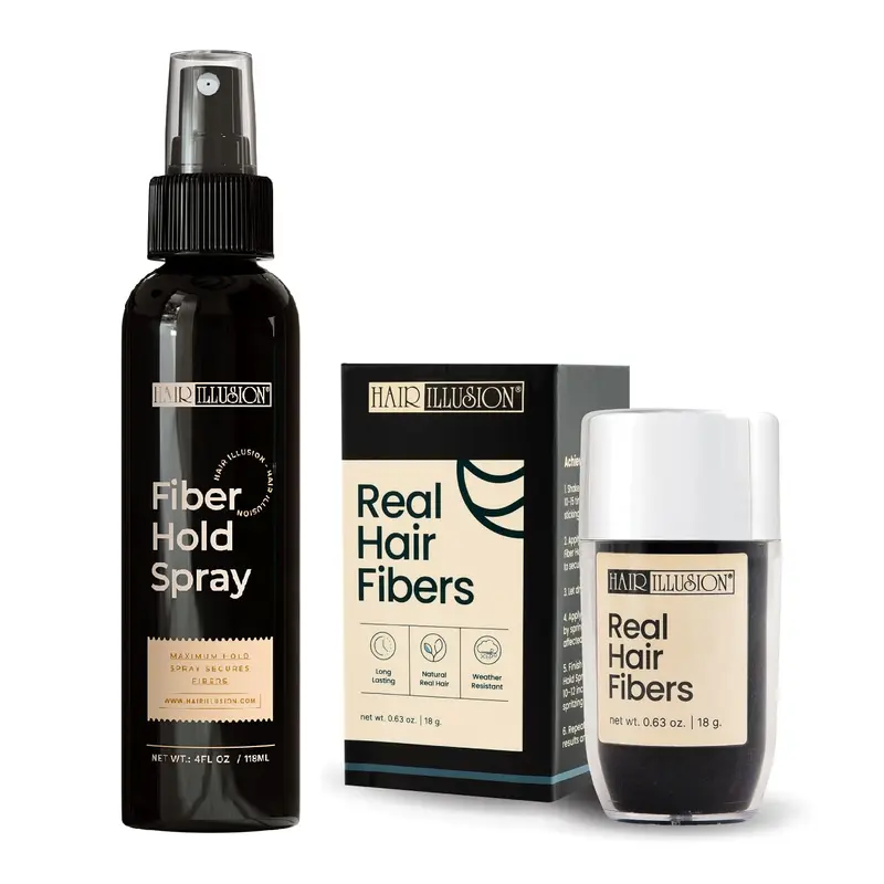 Hair Illusion Fibres Réelles Noires et Spray Fixant – Couverture Naturelle des Cheveux Clairsemés (18 g)