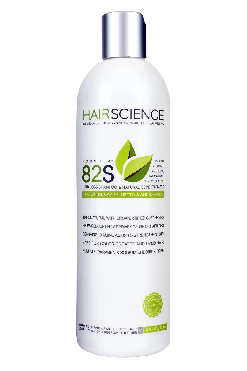 Hair Science Formula 82S — Shampooing Bloqueur de DHT pour Cheveux Clairsemés | Saw Palmetto, Biotine, Panthénol, Kératine, Provitamines & Acides Aminés | Sans Sulfates & Sans Coloration | 12 oz