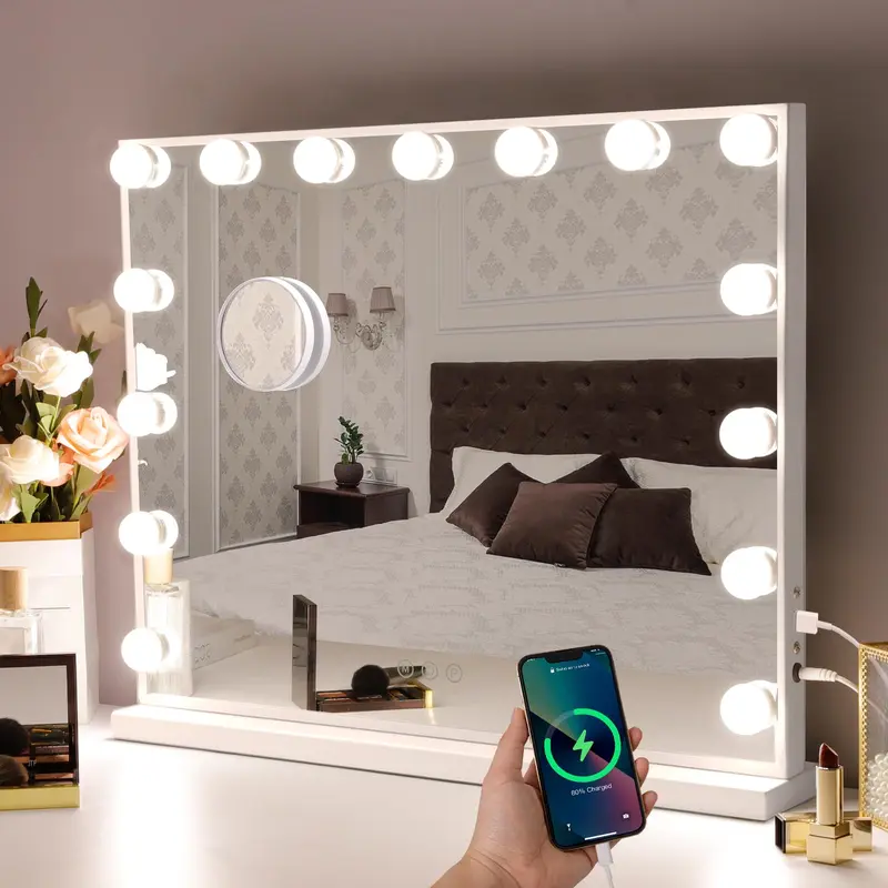 Hansong Miroir Vanité Éclairé – 15 LED, 3 Teintes, USB, Grand Format 22,8''×18''