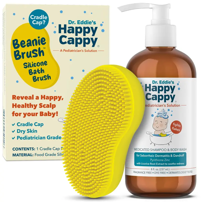 Happy Cappy Shampoing Bébé Médicamenteux + Beanie Brush – Ensemble Doux, Sans Parfum, 2 Pièces