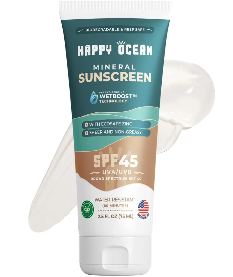 Happy Ocean SPF45 – Crème Solaire Minérale Biologique, Respectueuse des Récifs, Zinc Non Nano – Format Voyage 75 ml