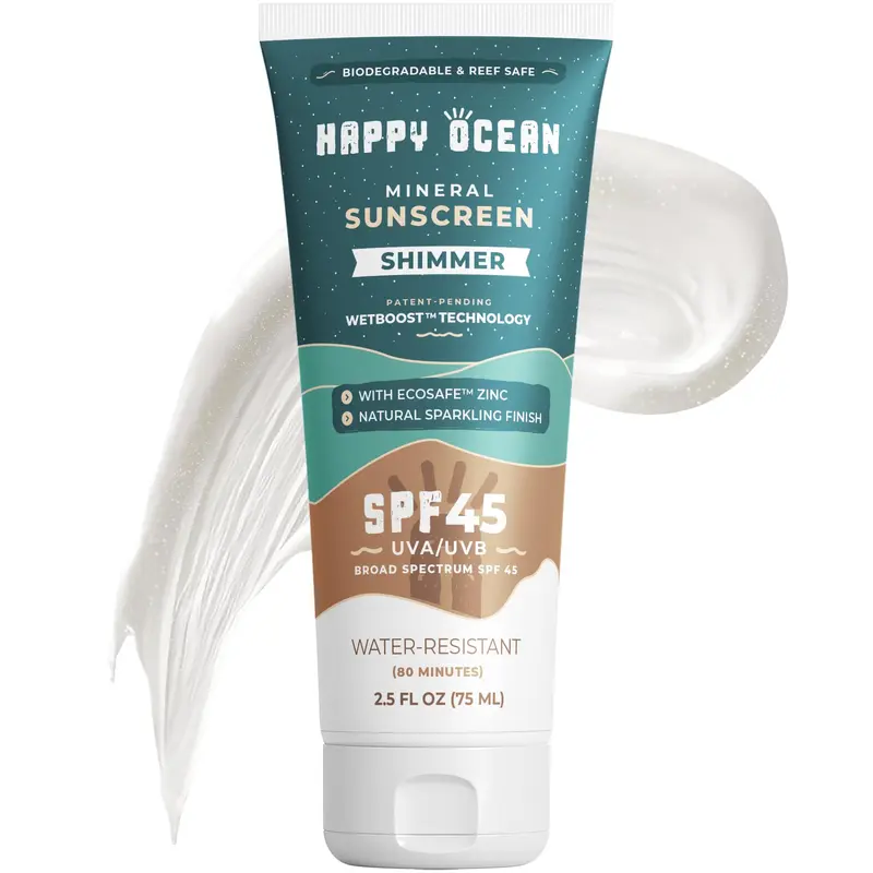 Happy Ocean SPF45 Crème Solaire Minérale Scintillante – Zinc Non-Nano, Visage et Corps, Format Voyage 75 ml