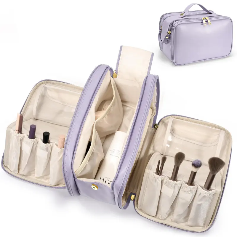 HauteHues Trousse de Maquillage Voyage – Grande Capacité, Ouverture Large, Imperméable Violet