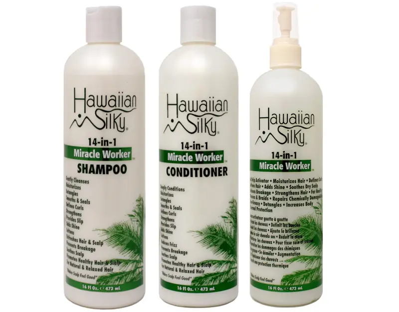 Hawaiian Silky 14-en-1 Miracle Worker – Shampoing, Après-shampooing et Spray Activateur (16 oz chacun)