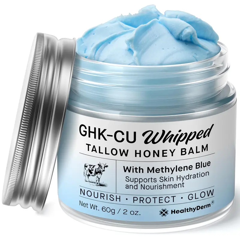 HealthyDerm Baume Bleu GHK-Cu – Suif de Bœuf, Methylene Blue, Miel Manuka & Vitamine E – Hydratant Visage et Corps 2oz