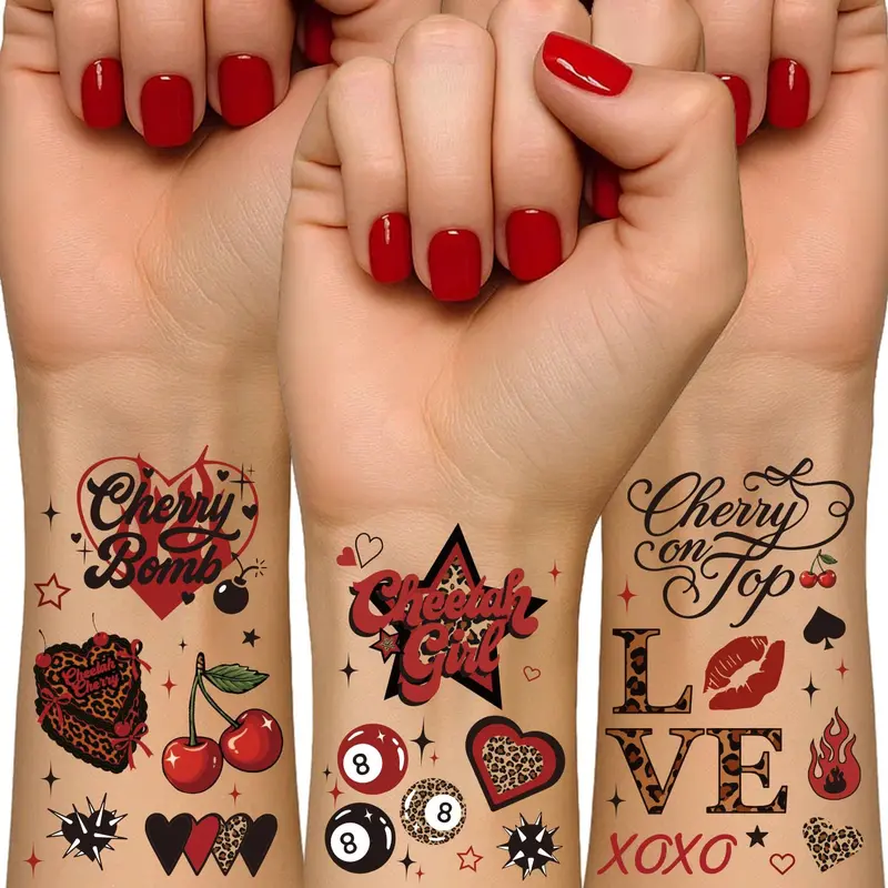 Heboland - Tatouages Temporaires Imprimé Zèbre Rouge et Cerises, 4 Feuilles, 50 Motifs Y2K – Décor et Faveurs de Fête
